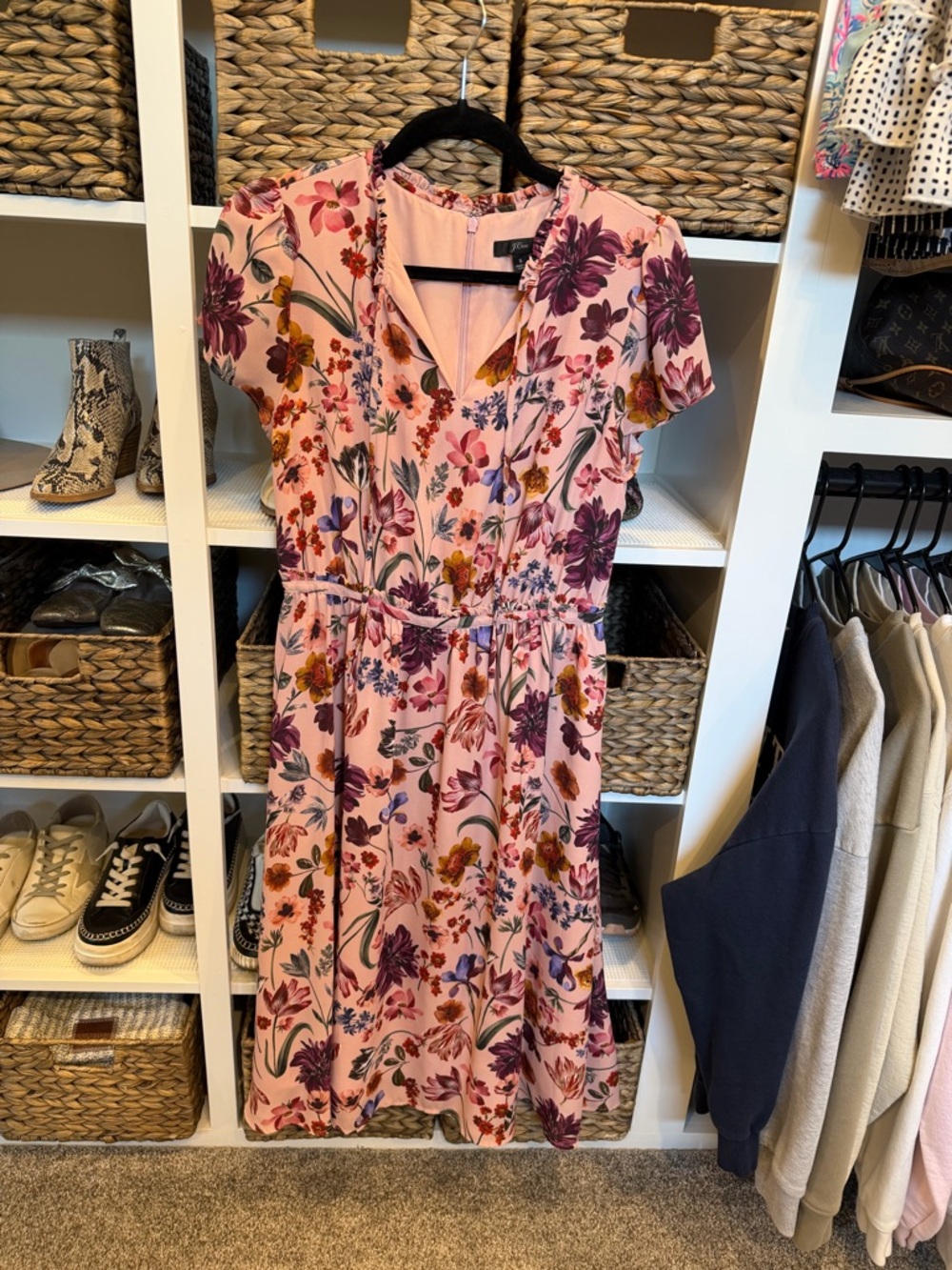 J. Crew Pink Floral Ruffle-Trim Midi Dress